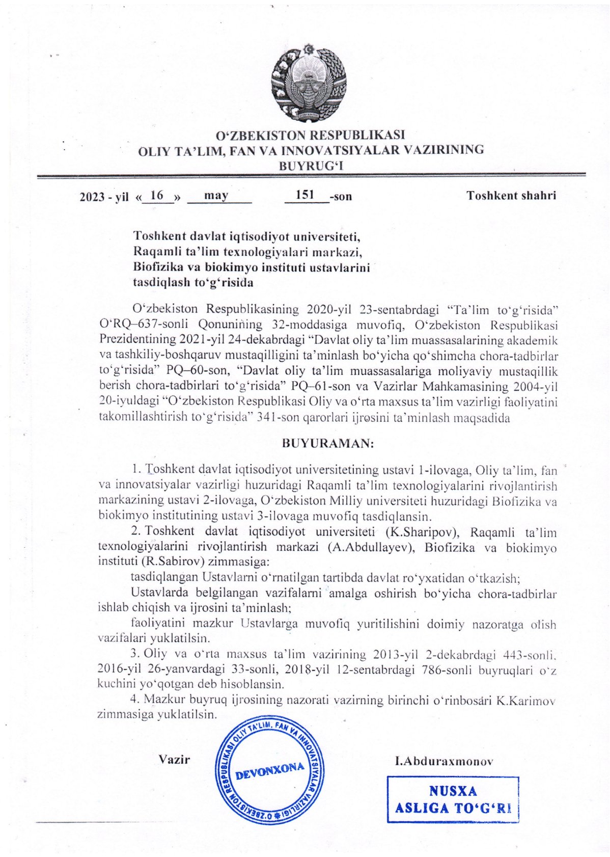Biofizika va biokimyo instituti Ustavi